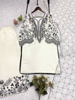 Off-white cotton poly embroidered palazzo set 2
