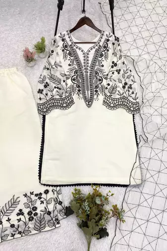 Off-white cotton poly embroidered palazzo set