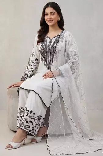 Off-white cotton poly embroidered palazzo set