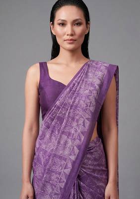 Purple printed satin saree with blouse 1