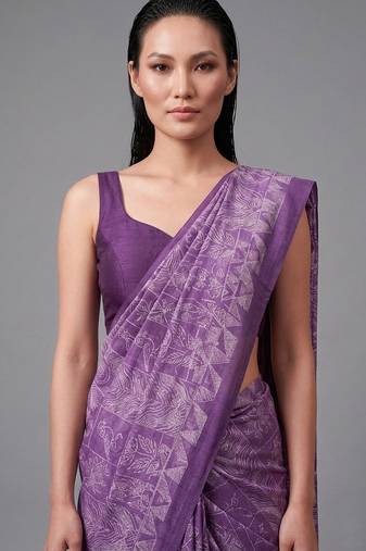 Purple printed satin saree with blouse