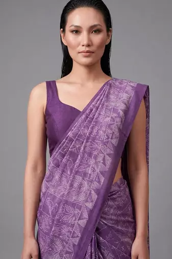 Purple printed satin saree with blouse