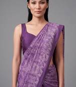 Purple printed satin saree with blouse