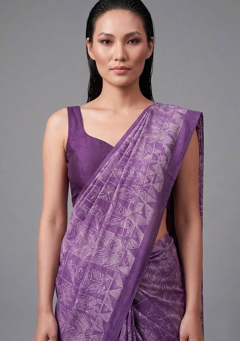 Purple printed satin saree with blouse