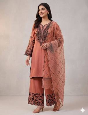 Peach cotton poly embroidered palazzo set 1