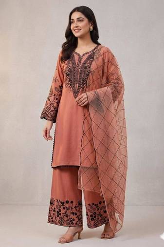 Peach cotton poly embroidered palazzo set
