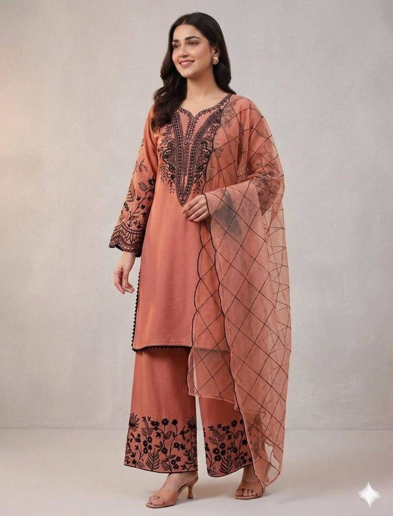 Peach cotton poly embroidered palazzo set