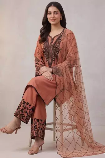 Peach cotton poly embroidered palazzo set