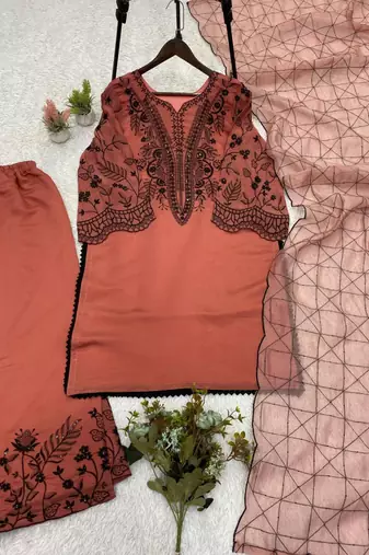 Peach cotton poly embroidered palazzo set