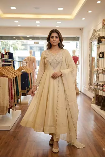 Cream crepe embroidered anarkali set