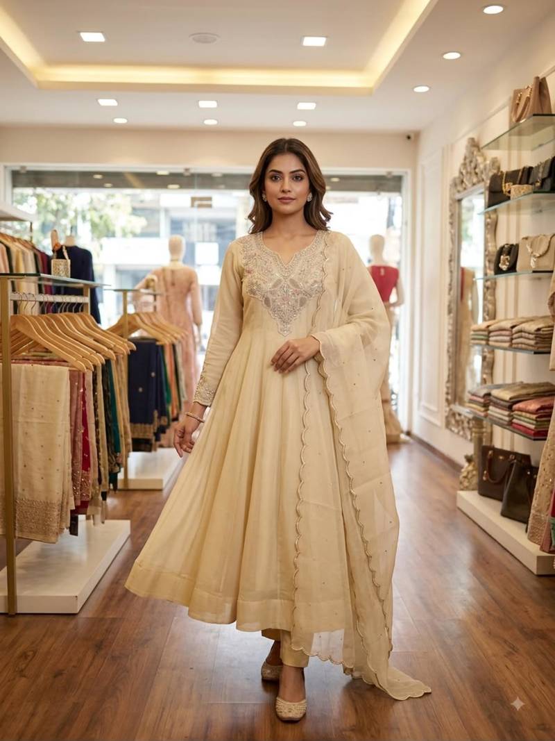 Cream crepe embroidered anarkali set