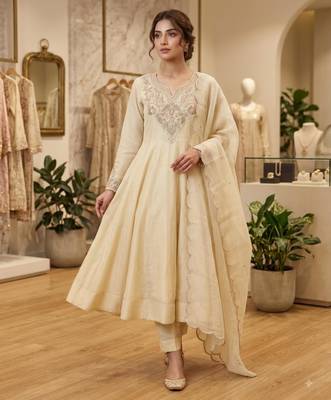 Cream crepe embroidered anarkali set 2