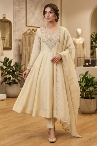 Cream crepe embroidered anarkali set