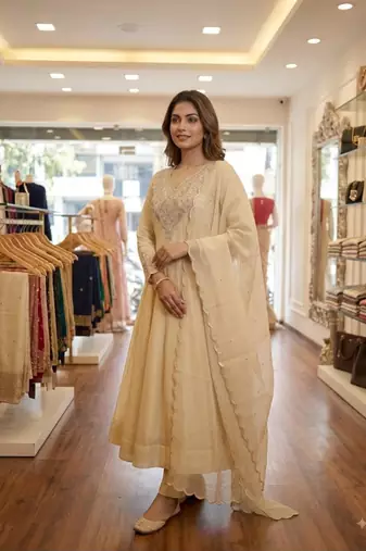 Cream crepe embroidered anarkali set