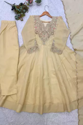 Cream crepe embroidered anarkali set