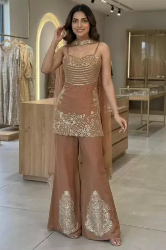 Brown crepe embroidered palazzo set