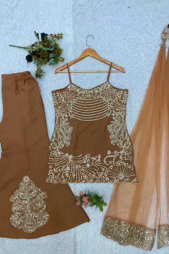 Brown crepe embroidered palazzo set
