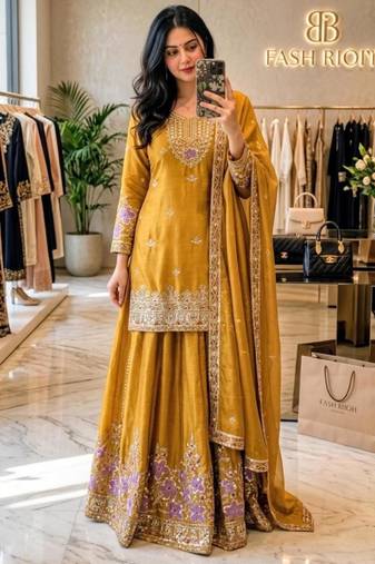 Dark-yellow silk blend embroidered sharara set