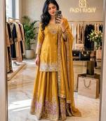 Dark-yellow silk blend embroidered sharara set