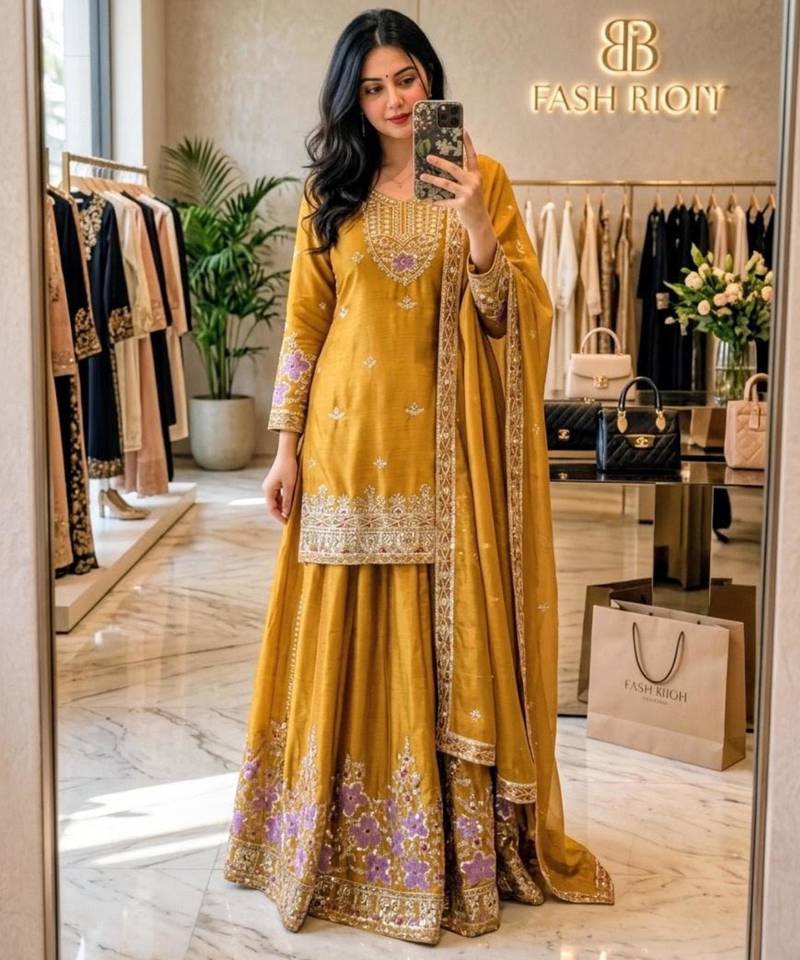 Dark-yellow silk blend embroidered sharara set