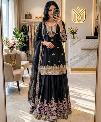 Black silk blend embroidered sharara set 1