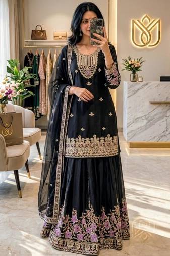 Black silk blend embroidered sharara set