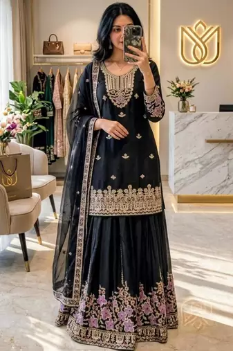 Black silk blend embroidered sharara set