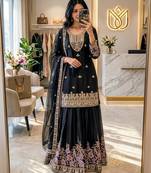 Black silk blend embroidered sharara set