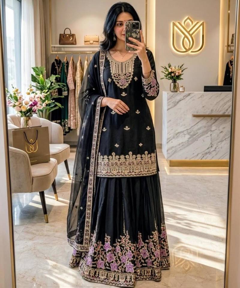 Black silk blend embroidered sharara set