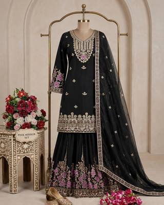 Black silk blend embroidered sharara set 2