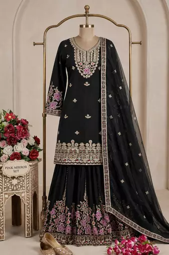 Black silk blend embroidered sharara set