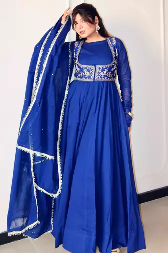 Royal-blue silk blend embroidered flared gown set