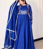 Royal-blue silk blend embroidered flared gown set