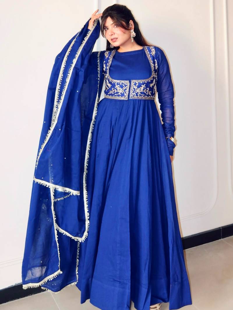 Royal-blue silk blend embroidered flared gown set