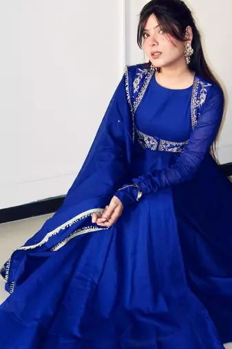 Royal-blue silk blend embroidered flared gown set