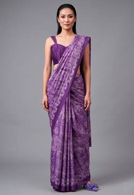 Purple printed satin saree with blouse 2