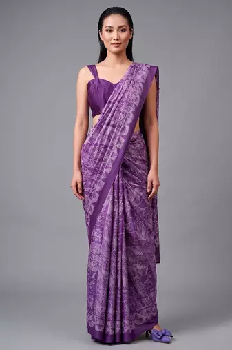 Purple printed satin saree with blouse