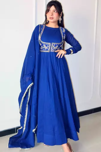 Royal-blue silk blend embroidered flared gown set