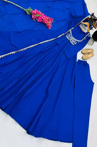 Royal-blue silk blend embroidered flared gown set