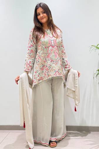Off-white faux georgette embroidered palazzo set
