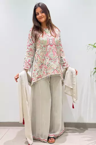 Off-white faux georgette embroidered palazzo set