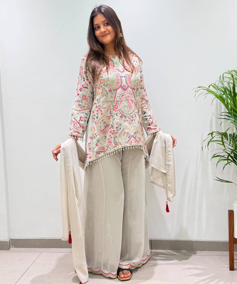Off-white faux georgette embroidered palazzo set