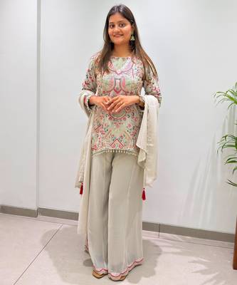 Off-white faux georgette embroidered palazzo set 2