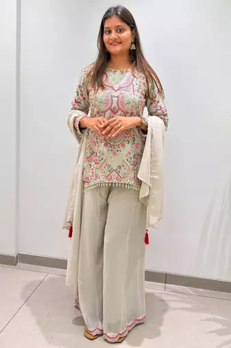 Off-white faux georgette embroidered palazzo set