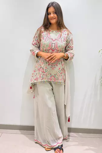 Off-white faux georgette embroidered palazzo set