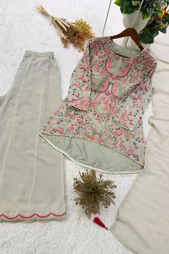 Off-white faux georgette embroidered palazzo set