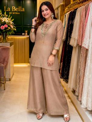 Beige silk blend embroidered palazzo set 1