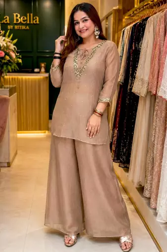 Beige silk blend embroidered palazzo set