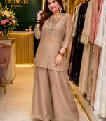 Beige silk blend embroidered palazzo set