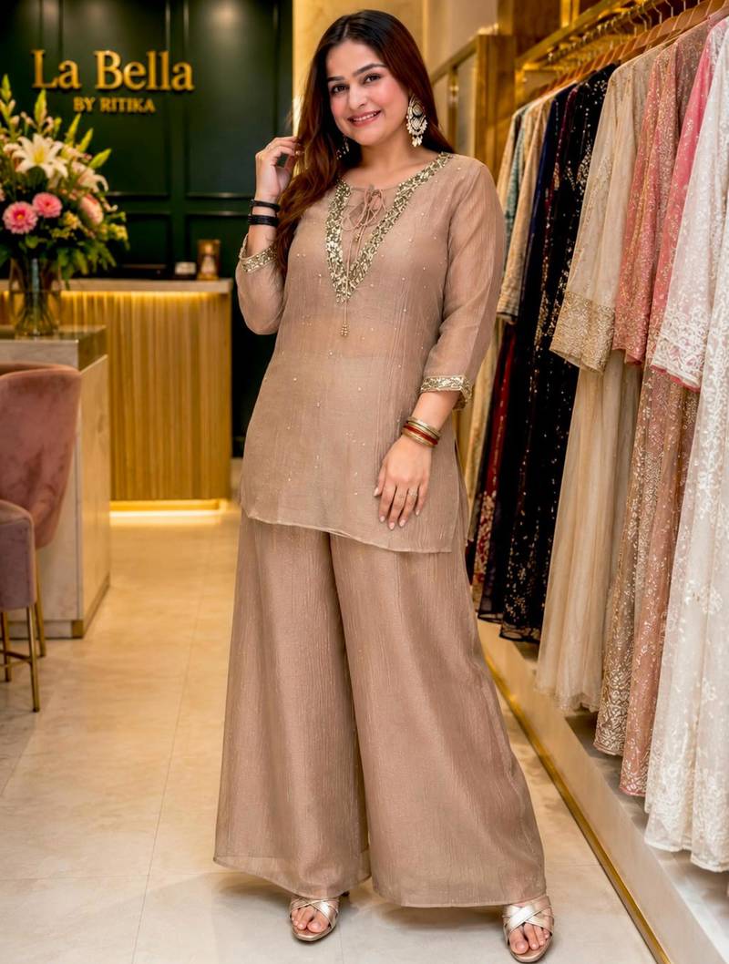 Beige silk blend embroidered palazzo set